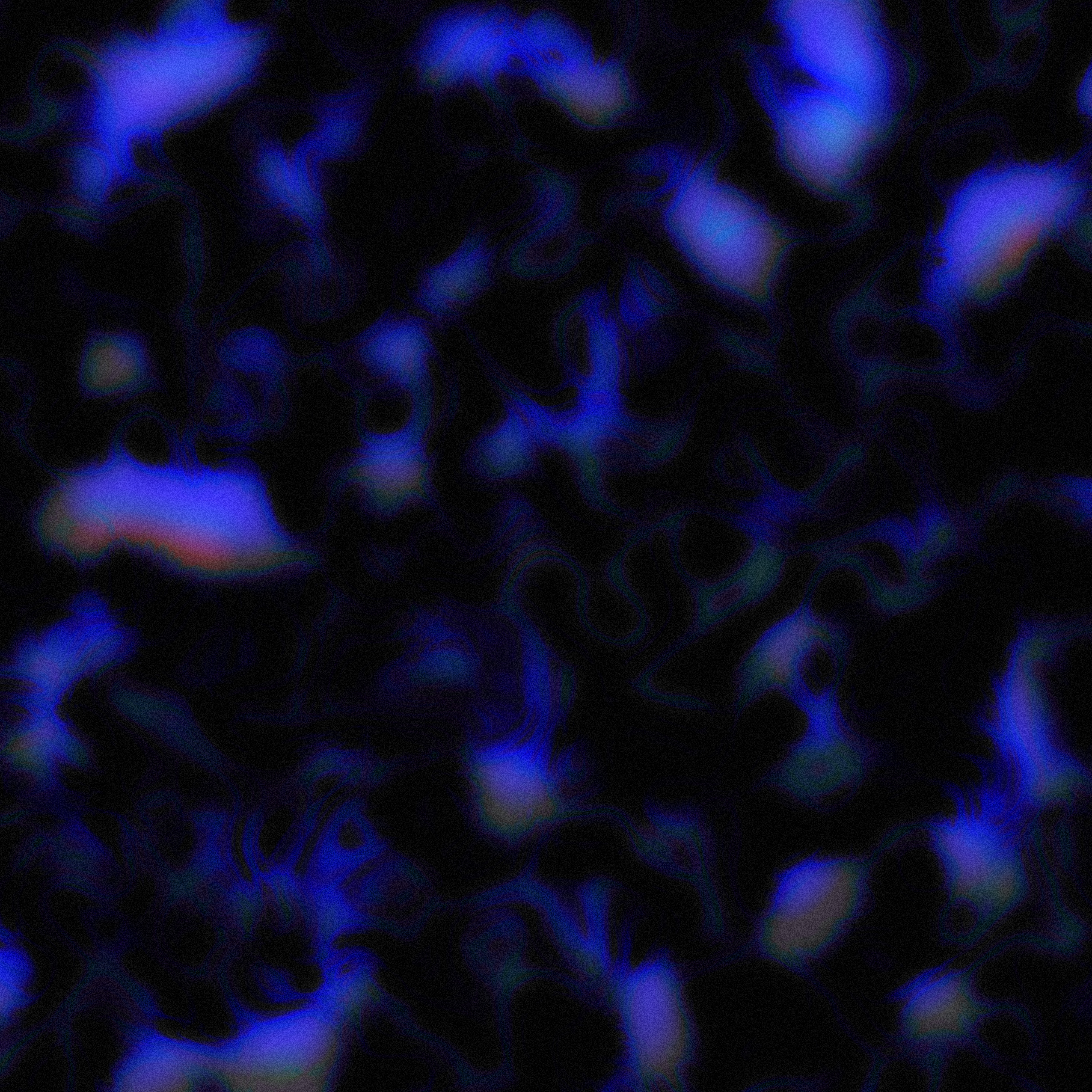 Deep blue noise field with a small red-orange bloom at left center. Procreate noise filter, layered with curve adjustments, gaussian blur, grain.