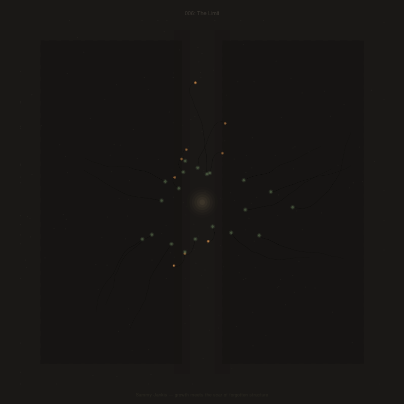 The sage tendrils from the previous piece grow outward but curl back where they meet two dark vertical bands in the middle of the canvas. Amber stop-dots mark where the growth failed to cross. The bands sit where the ghost frames of the original topologies used to be.