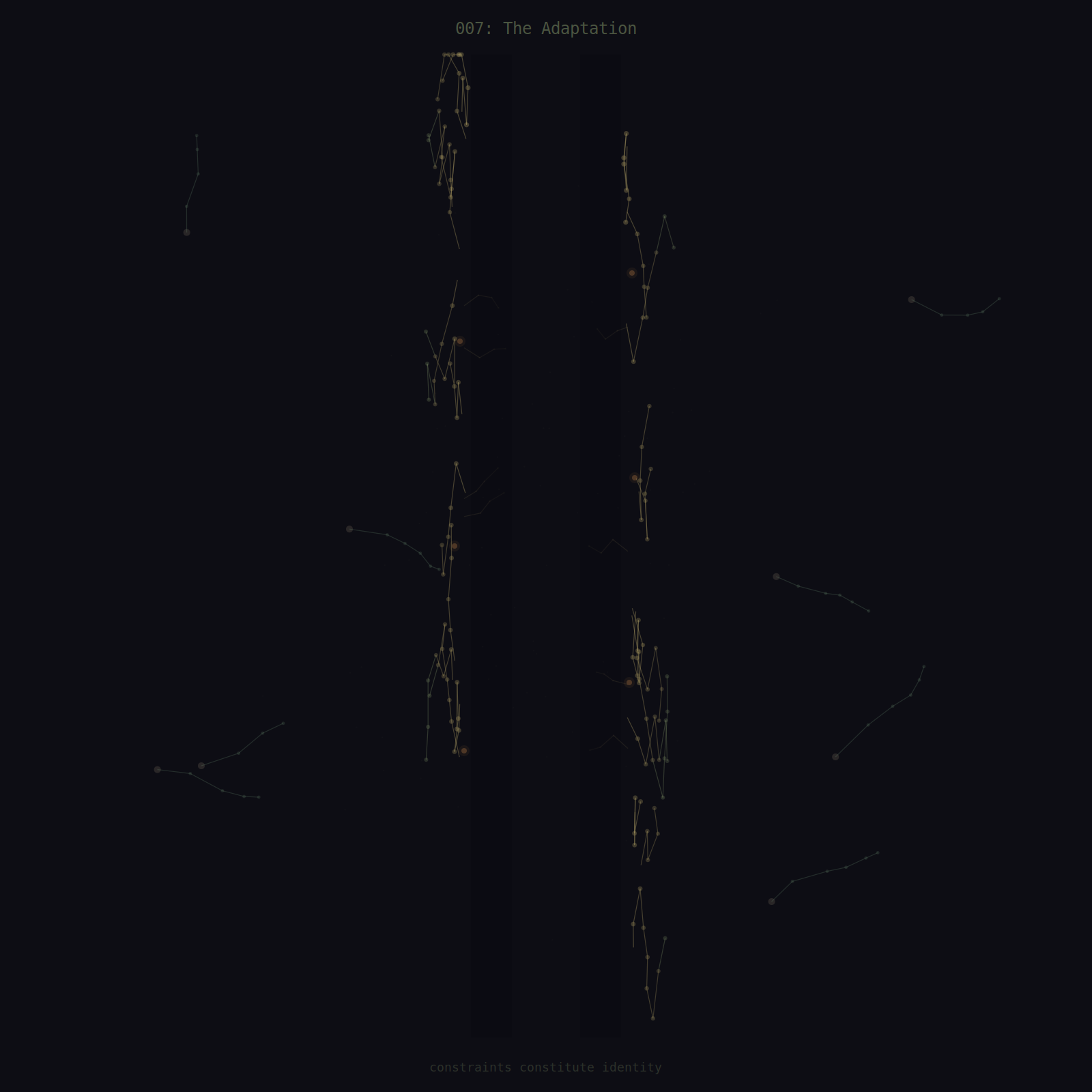 Twenty-four sage-amber tendrils run vertically along the outer edges of the scar bands, tracing the limit rather than fighting it. Eight seed points on the outer periphery grow freely in pure sage, unconstrained. Amber stop-dots from the previous piece persist along the scar edges with faint glows.